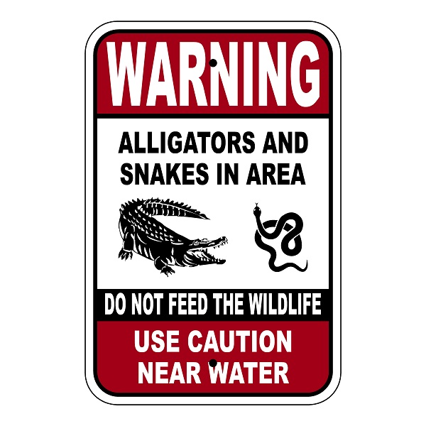 Warning Alligators and Snakes in Area Sign - .080  Reflective aluminum Warning  Alligators and Snakes in Area Sign,  Alligator and Snakes in Area  Use Caution near Water Sign,Alligator Area Sign, Danger Snakes Sign, Aluminum Alligator and Snakes, Reflective Alligators Snakes Sign