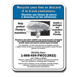 Recycle your line or discard in trash containers Sign used at Marine areas (ENGLISH & SPANISH VERSION)